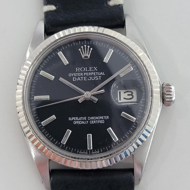 Classic icon, Men's 18k white gold and stainless steel Rolex Oyster Datejust ref.1601 automatic, c.1969. Verified authentic by a master watchmaker. Gorgeous Rolex signed black dial, applied indice hour markers, silver minute and hour hands, sweeping