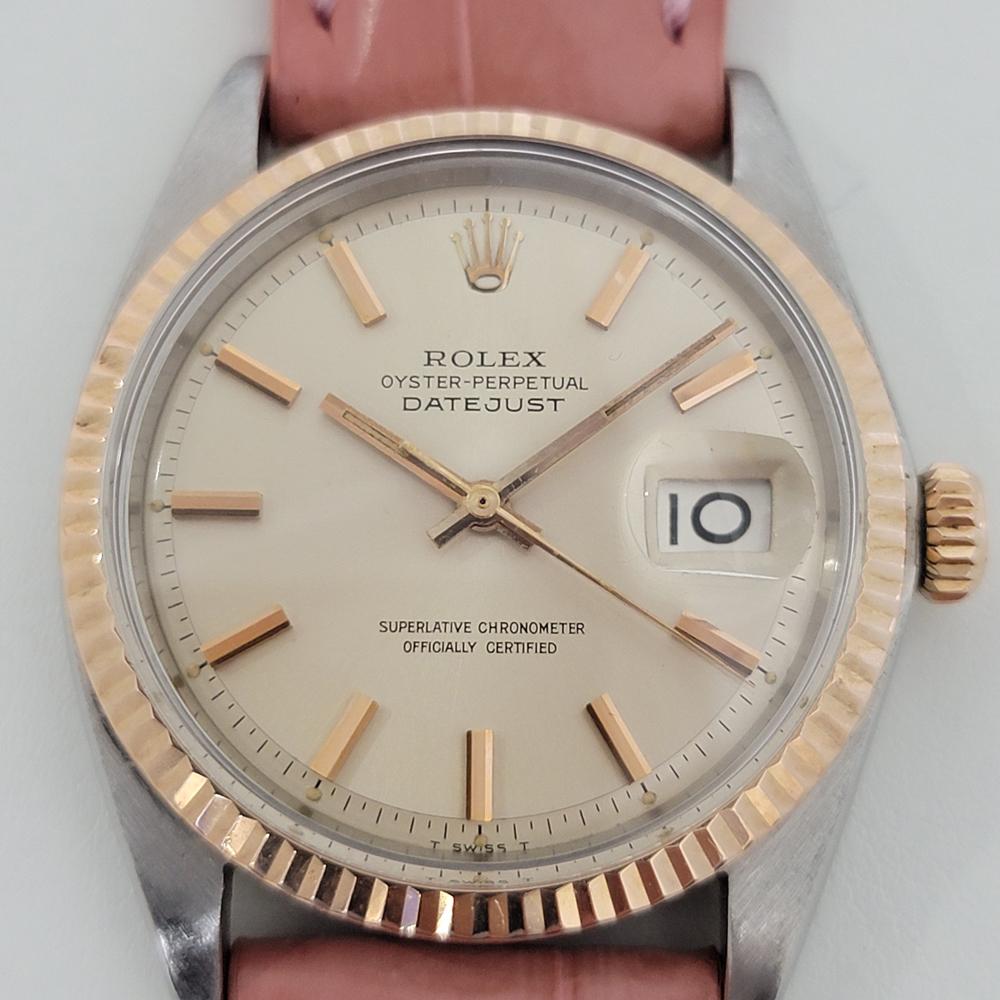 Timeless icon, Men's 18k rose gold and stainless steel Rolex Oyster Perpetual Datejust Ref.1601 automatic, c.1965. Verified authentic by a master watchmaker. Gorgeous Rolex signed champagne dial, applied indice hour markers, gilt minute and hour