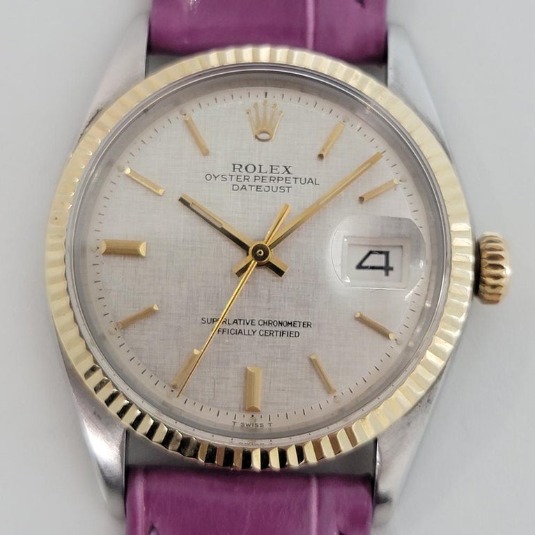 Timeless icon, Men's 14k gold and stainless steel Rolex Oyster Perpetual Datejust Ref.1601 automatic, c.1972. Verified authentic by a master watchmaker. Gorgeous Rolex signed linen dial, applied indice hour markers, gilt minute and hour hands,