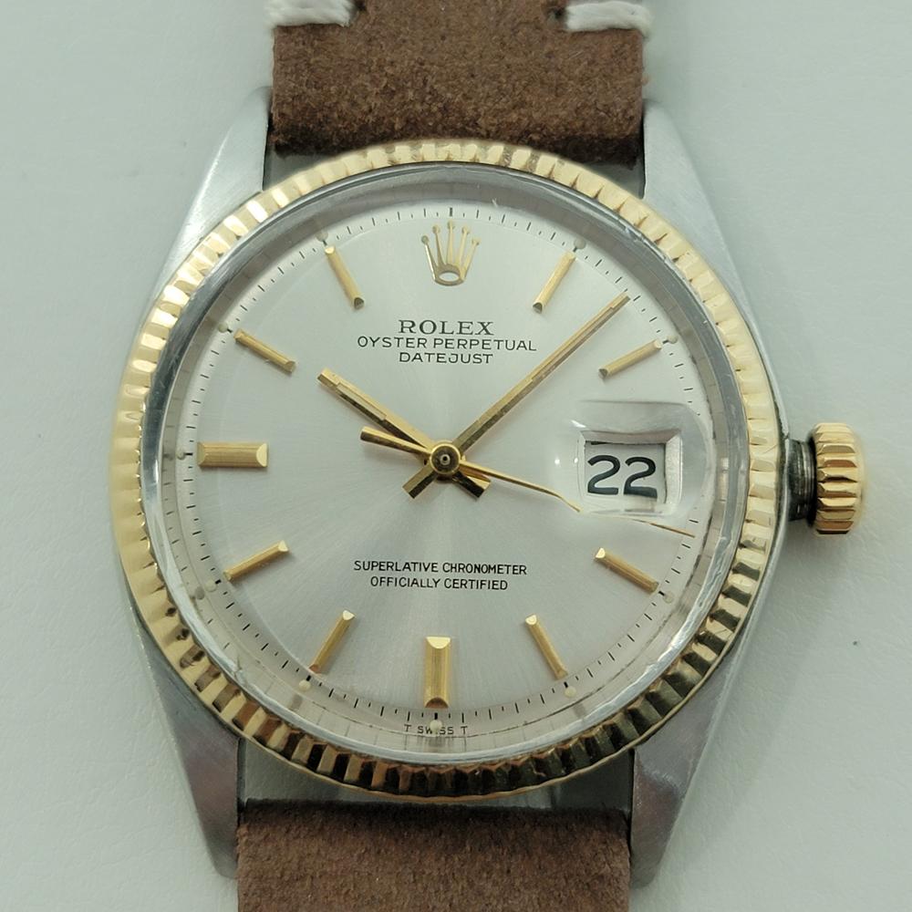 Timeless icon, Men's 18k yellow gold and stainless steel Rolex Oyster ref.1601 Datejust automatic, c.1971, in excellent working condition. Verified authentic by a master watchmaker. Gorgeous Rolex signed silver dial, applied gilt baton indice hour