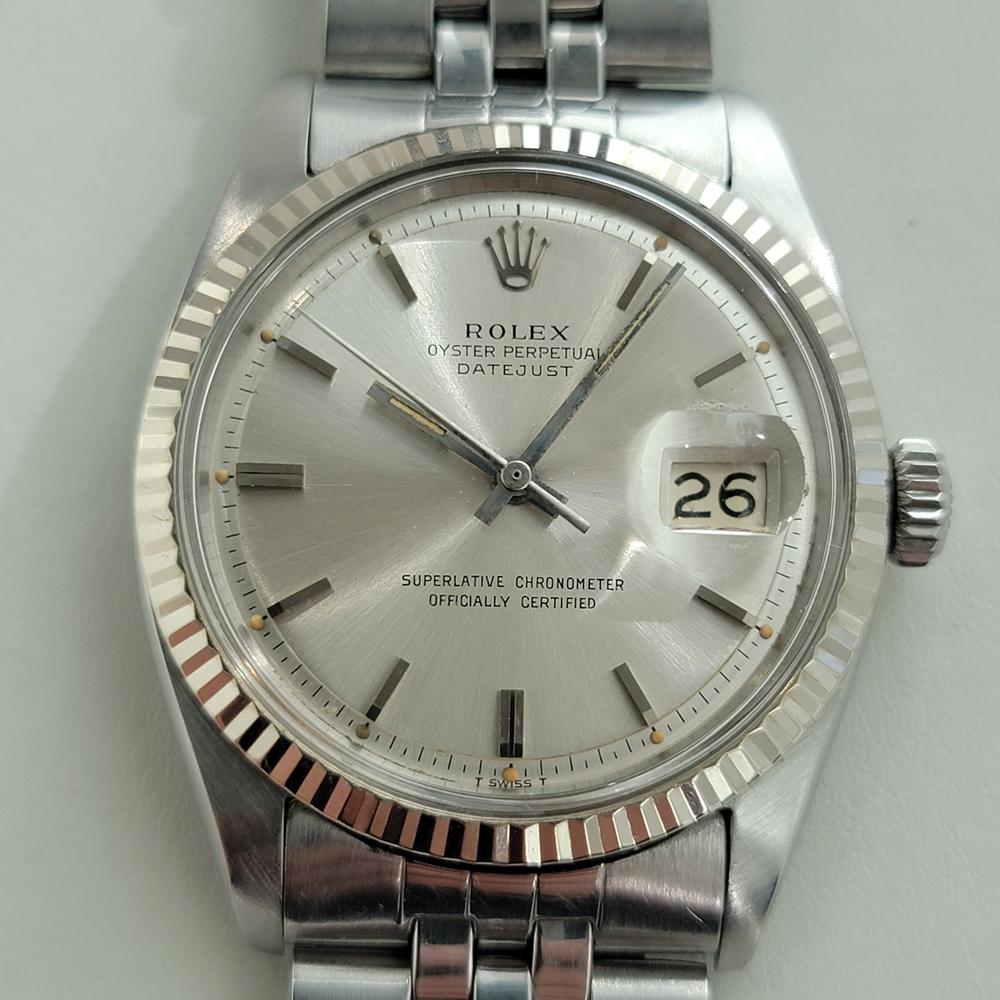 Iconic classic, Men's 18k white gold and stainless steel Rolex Oyster Datejust ref.1601 automatic, c.1966, all original. Verified authentic by a master watchmaker. Gorgeous Rolex signed silver dial, applied baton indice hour markers, silver minute