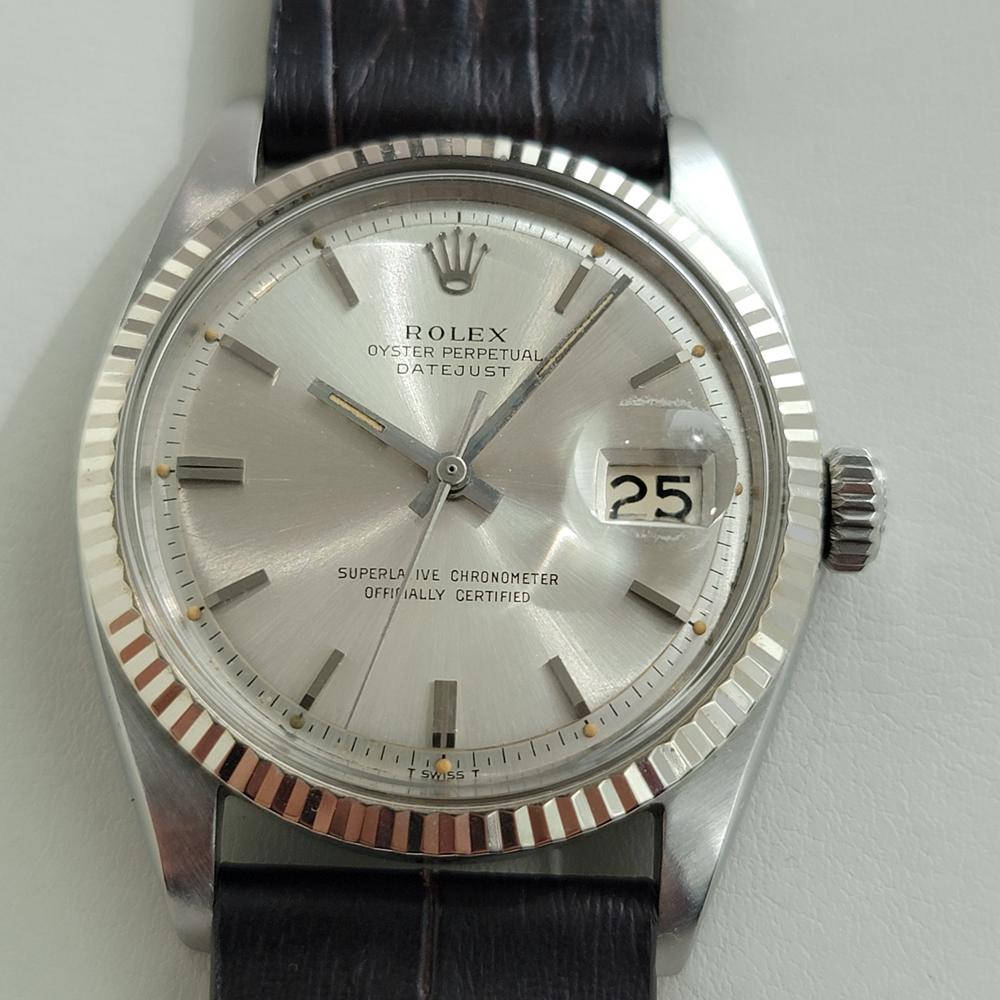 Classic icon, Men's 18k white gold and stainless steel Rolex Oyster Datejust ref.1601 automatic, c.1966, in excellent working condition. Verified authentic by a master watchmaker. Gorgeous Rolex signed silver dial, applied baton indice hour markers,