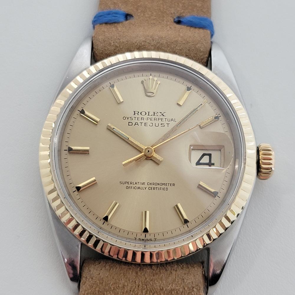 Timeless icon, Men's 18k gold & stainless steel Rolex Oyster Perpetual Datejust Ref. 1601 automatic, c.1968. Verified authentic by a master watchmaker. Gorgeous Rolex signed gold dial, applied gold indice hour markers, gilt minute and hour hands,