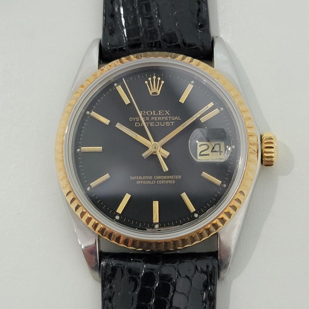Iconic classic, Men's timeless Rolex 1601 Oyster Perpetual Datejust automatic in 18k gold and stainless steel, c.1960s. Verified authentic by a master watchmaker. Gorgeous Rolex signed black dial, applied gold indice hour markers, gilt minute and