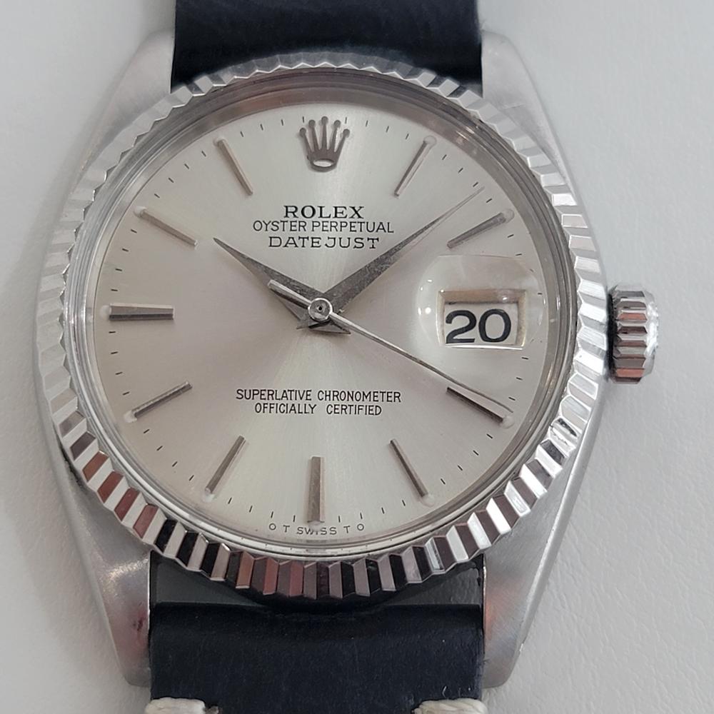 Iconic classic, Men's 18k white gold and stainless steel Rolex Oyster Datejust ref.1601 automatic, c.1965, all original. Verified authentic by a master watchmaker. Gorgeous Rolex signed silver dial, applied indice hour markers, silver minute and