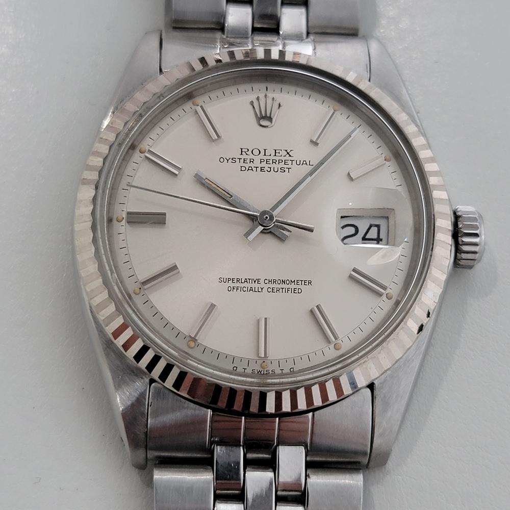 Classic icon, Men's Rolex Oyster Datejust ref.1601 stainless steel automatic with 18k white gold bezel, c.1978, all original. Verified authentic by a master watchmaker. Gorgeous, unrefurbished Rolex signed silver dial, applied indice hour markers,