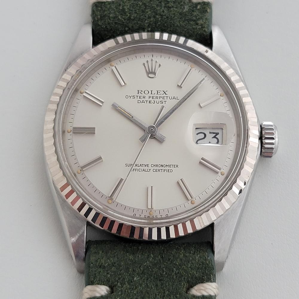 A timeless classic, Men's 18k white gold and stainless steel Rolex Oyster Datejust ref.1601 automatic, c.1970s. Verified authentic by a master watchmaker. Gorgeous Rolex signed silver dial, applied indice hour markers, silver minute and hour hands,