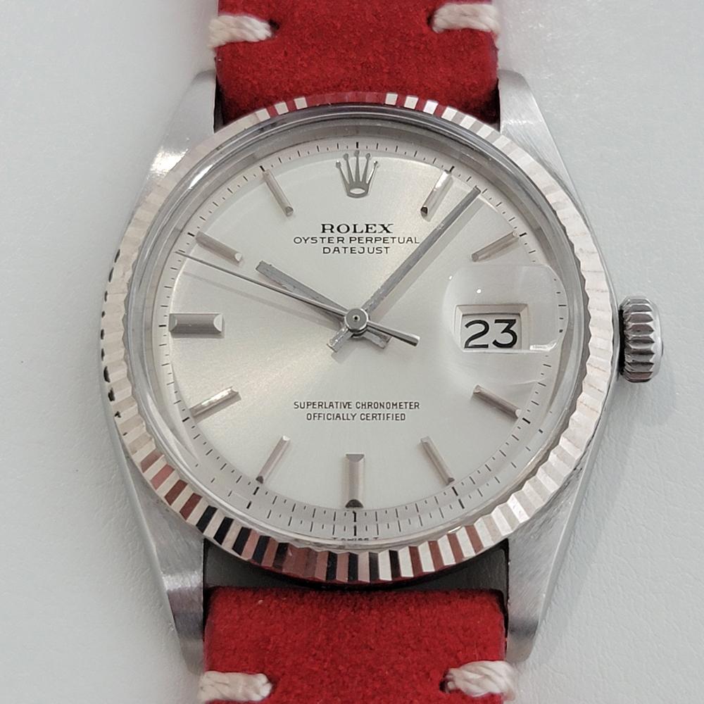 Classic icon, Men's 18k white gold and stainless steel Rolex Oyster Datejust ref.1601 automatic, c.1970s. Verified authentic by a master watchmaker. Gorgeous Rolex signed silver dial, applied indice hour markers, silver minute and hour hands,