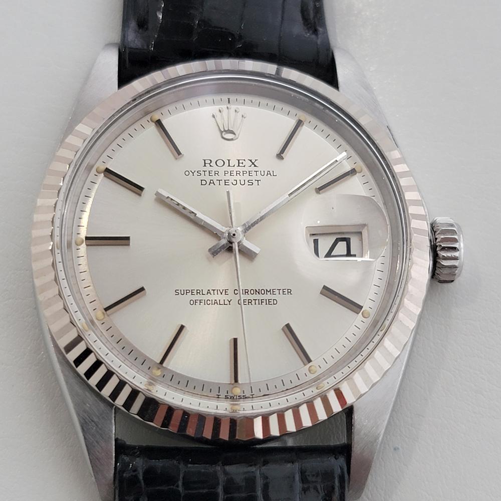 Timeless classic, Men's 18k white gold and stainless steel Rolex Oyster Datejust ref.1601 automatic, c.1970s. Verified authentic by a master watchmaker. Gorgeous Rolex signed silver dial, applied indice hour markers, silver minute and hour hands,