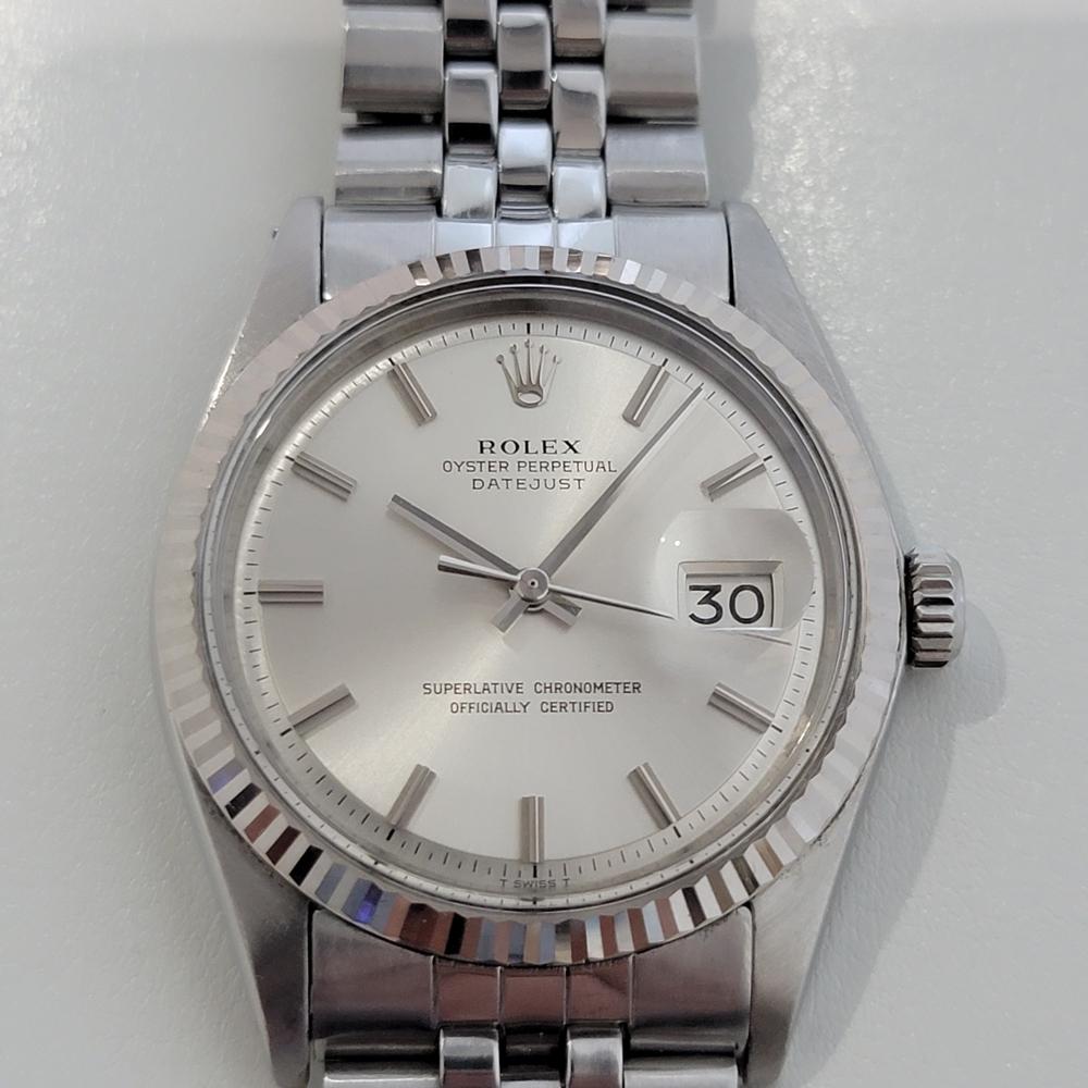 Iconic classic, Men's 18k white gold and stainless steel Rolex Oyster Datejust ref.1601 automatic, c.1971, all original. Verified authentic by a master watchmaker. Gorgeous Rolex signed silver dial, applied indice hour markers, silver minute and