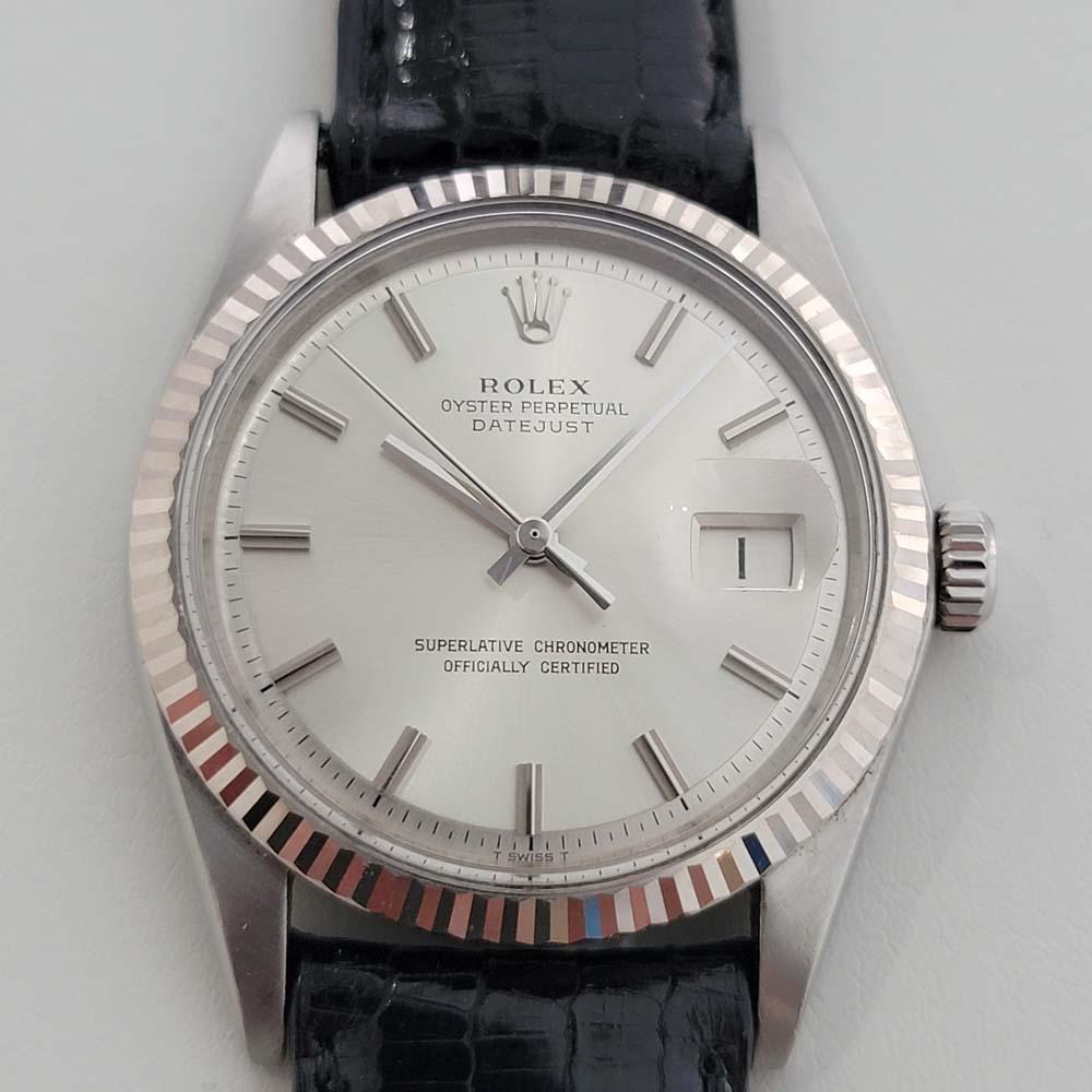 Timeless classic, Men's 18k white gold and stainless steel Rolex Oyster Datejust ref.1601 automatic, c.1970s. Verified authentic by a master watchmaker. Gorgeous Rolex signed silver dial, applied indice hour markers, silver minute and hour hands,