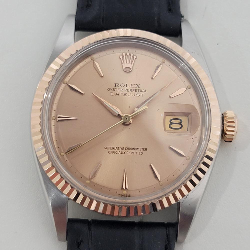 Timeless icon in rare rose gold, Men's 18k rose gold & stainless steel Rolex Oyster Perpetual Datejust Ref. 1601 automatic, c.1963, in excellent working condition. Verified authentic by a master watchmaker. Gorgeous Rolex signed rose gold dial,