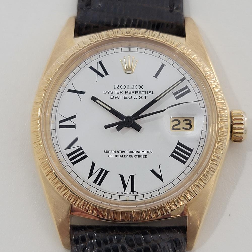 Timeless luxury, rare Men's 18k solid gold Rolex Oyster Datejust ref.1607 automatic, c.1969, in excellent working condition. Verified authentic by a master watchmaker. Gorgeous Rolex signed dial, Roman numeral hour markers, black minute and hour