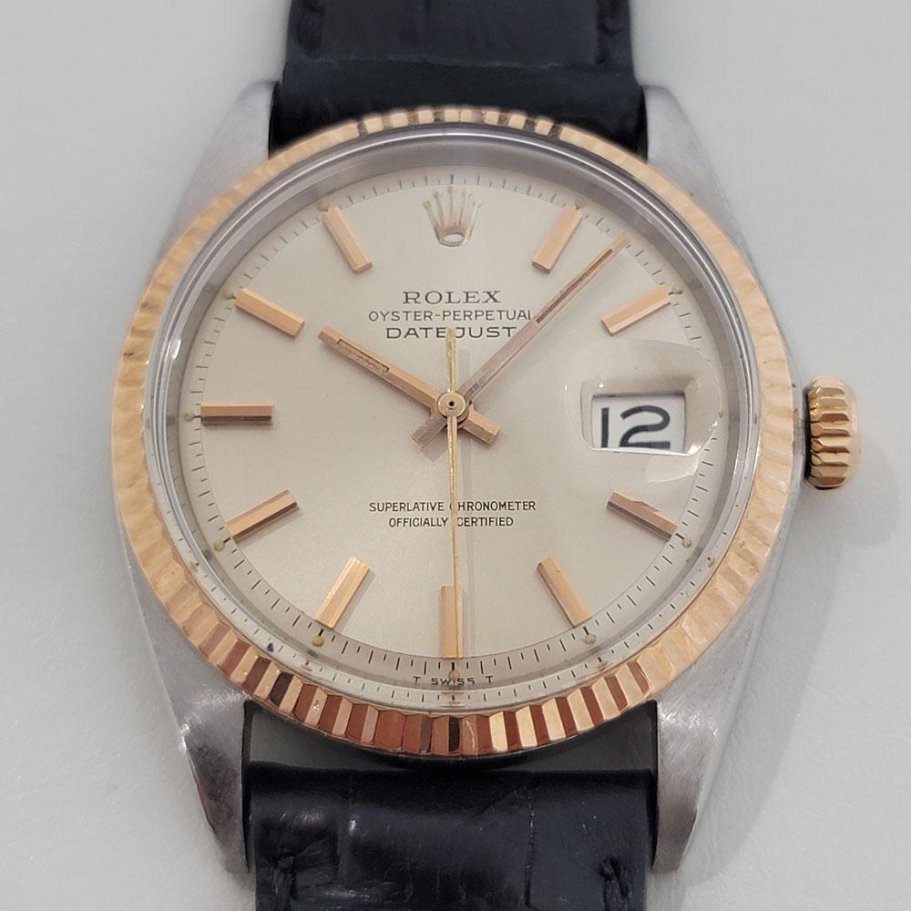 Iconic classic, Men's 18k rose gold and stainless steel Rolex Oyster Perpetual Datejust Ref.1601 automatic, c.1965. Verified authentic by a master watchmaker. Gorgeous Rolex signed champagne dial, applied indice hour markers, gilt minute and hour