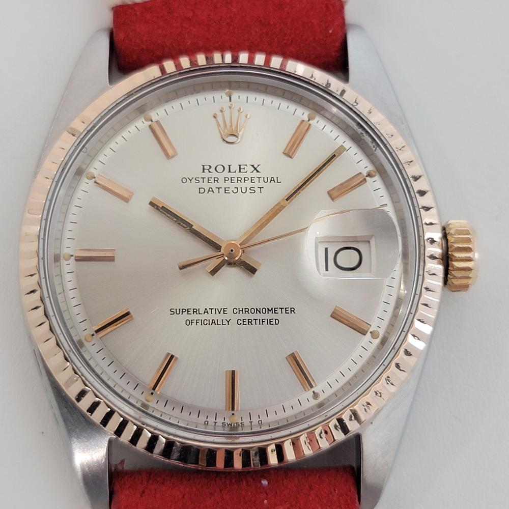 Timeless icon, Men's 18k rose gold and stainless steel Rolex Oyster Perpetual Datejust Ref.1601 automatic, c.1966. Verified authentic by a master watchmaker. Gorgeous Rolex signed silver dial, applied rose gold tone indice hour markers, rose gold