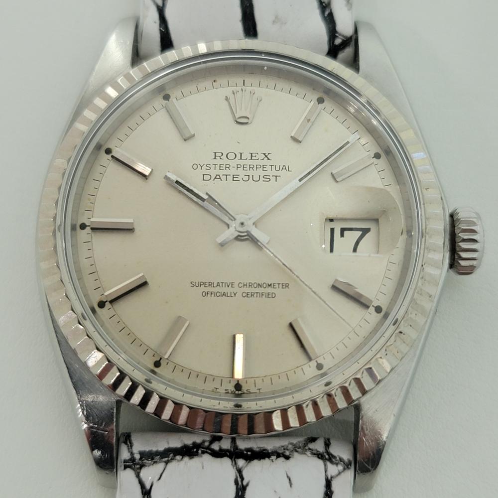 Timeless classic, Men's 18k white gold and stainless steel Rolex Oyster Perpetual Datejust Ref.1601 automatic, c.1968. Verified authentic by a master watchmaker. Gorgeous Rolex signed silver dial, applied indice hour markers, silver minute and hour