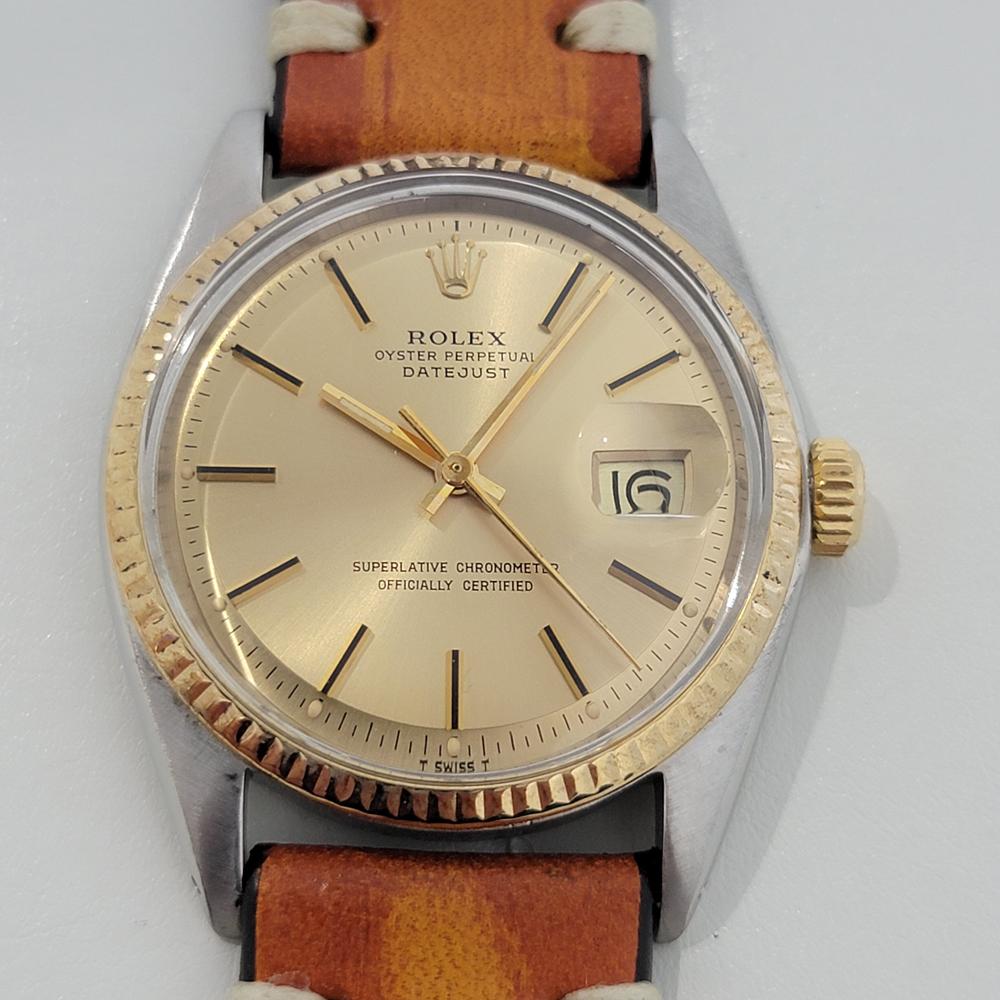 Iconic classic, Men's Rolex 1601 Oyster Perpetual Datejust automatic with 18k solid gold bezel, c.1978. Verified authentic by a master watchmaker. Gorgeous Rolex signed gold dial, applied indice hour markers, gilt minute and hour hands, sweeping