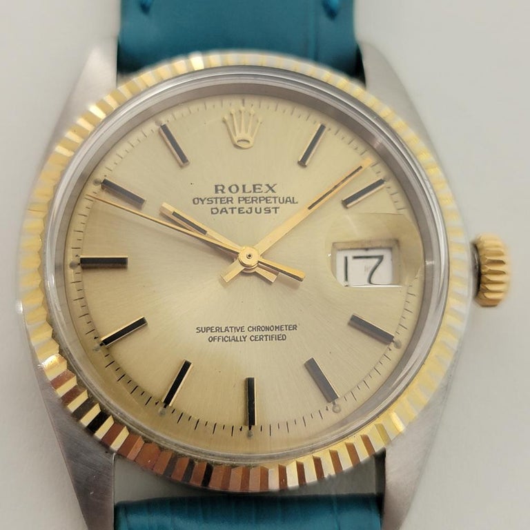 Iconic classic, Men's 18k gold and stainless steel Rolex Oyster Perpetual Datejust Ref.1601 automatic, c.1972. Verified authentic by a master watchmaker. Gorgeous Rolex signed champagne dial, applied indice hour markers, gilt minute and hour hands,