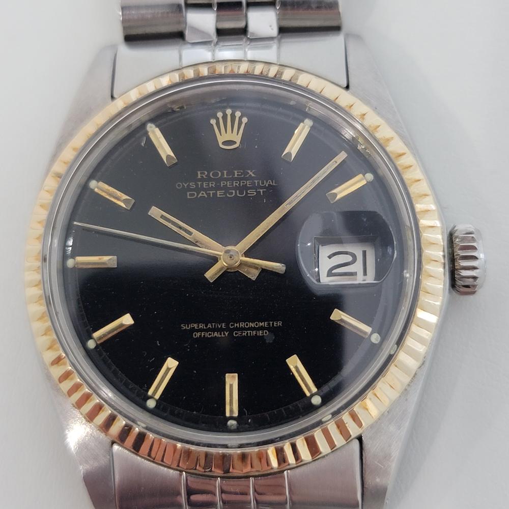 Timeless icon, Men's 18k gold and stainless steel Rolex Oyster Perpetual Datejust Ref.1601 automatic, c.1973, all original. Verified authentic by a master watchmaker. Gorgeous, original Rolex signed black dial, applied indice hour markers, gilt