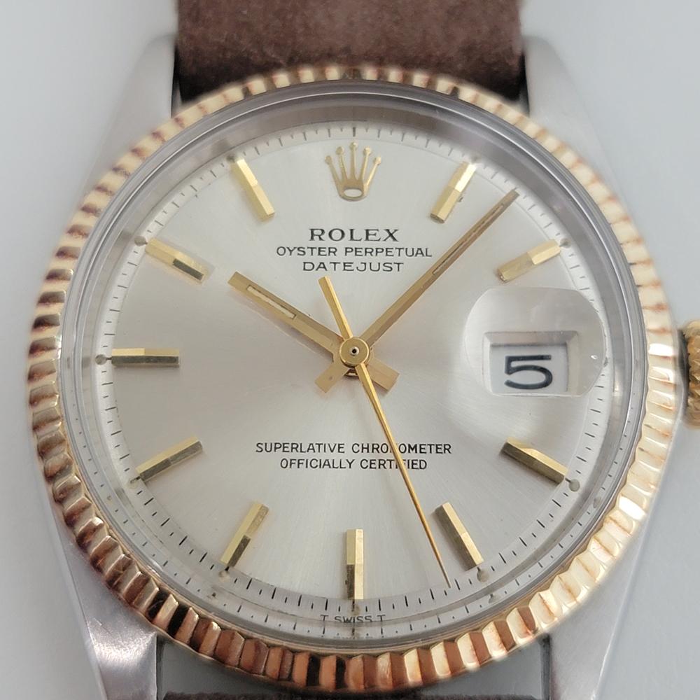 Timeless icon, Men's 18k gold and stainless steel Rolex Oyster Perpetual Datejust Ref.1601 automatic, c.1973. Verified authentic by a master watchmaker. Gorgeous Rolex signed silver dial, applied indice hour markers, gilt minute and hour hands,