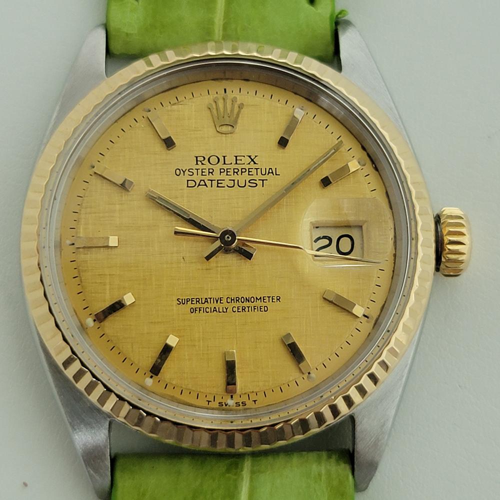 Timeless icon, Men's 18k gold and stainless steel Rolex Oyster Perpetual Datejust Ref.1601 automatic, c.1971. Verified authentic by a master watchmaker. Gorgeous Rolex signed gold linen dial, applied indice hour markers, gilt minute and hour hands,