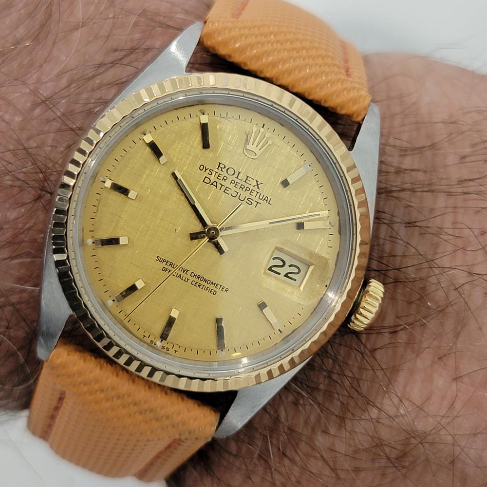Mens Rolex Oyster Datejust 1601 18k SS Automatic Linen Dial 1970s RJC141T For Sale 6