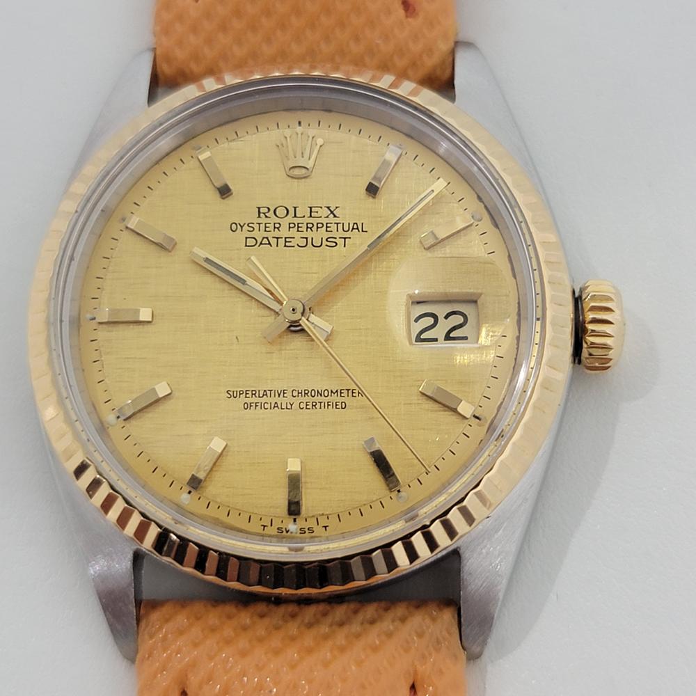 Timeless icon, Men's Rolex 1601 Oyster Perpetual Datejust 18k gold and stainless steel automatic, c.1970s. Verified authentic by a master watchmaker. Gorgeous Rolex signed gold linen dial, applied indice hour markers, gilt minute and hour hands,