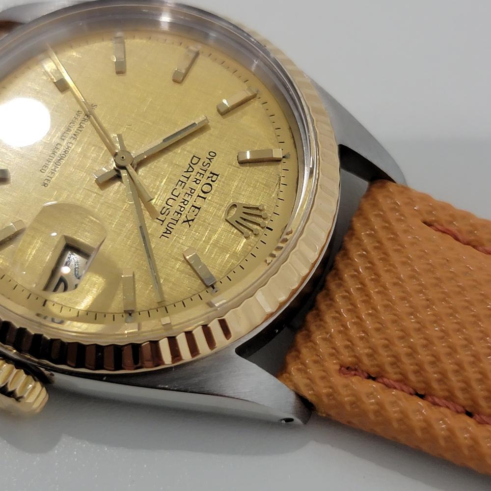 Mens Rolex Oyster Datejust 1601 18k SS Automatic Linen Dial 1970s RJC141T In Excellent Condition For Sale In Beverly Hills, CA