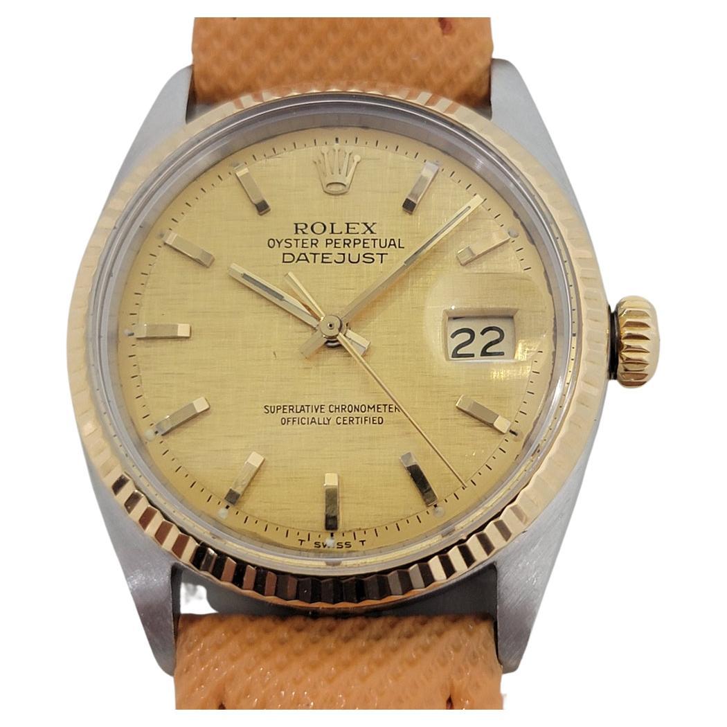 Mens Rolex Oyster Datejust 1601 18k SS Automatic Linen Dial 1970s RJC141T For Sale