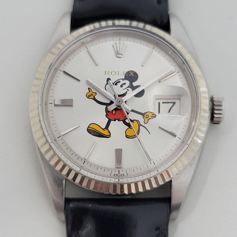 A vintage icon, Men's 18k white gold and stainless steel Rolex Oyster Perpetual Datejust Ref.1601 Disney Mickey dial automatic, c.1972. Verified authentic by a master watchmaker. Gorgeous, rare Rolex signed painted Mickey Mouse dial, applied indice