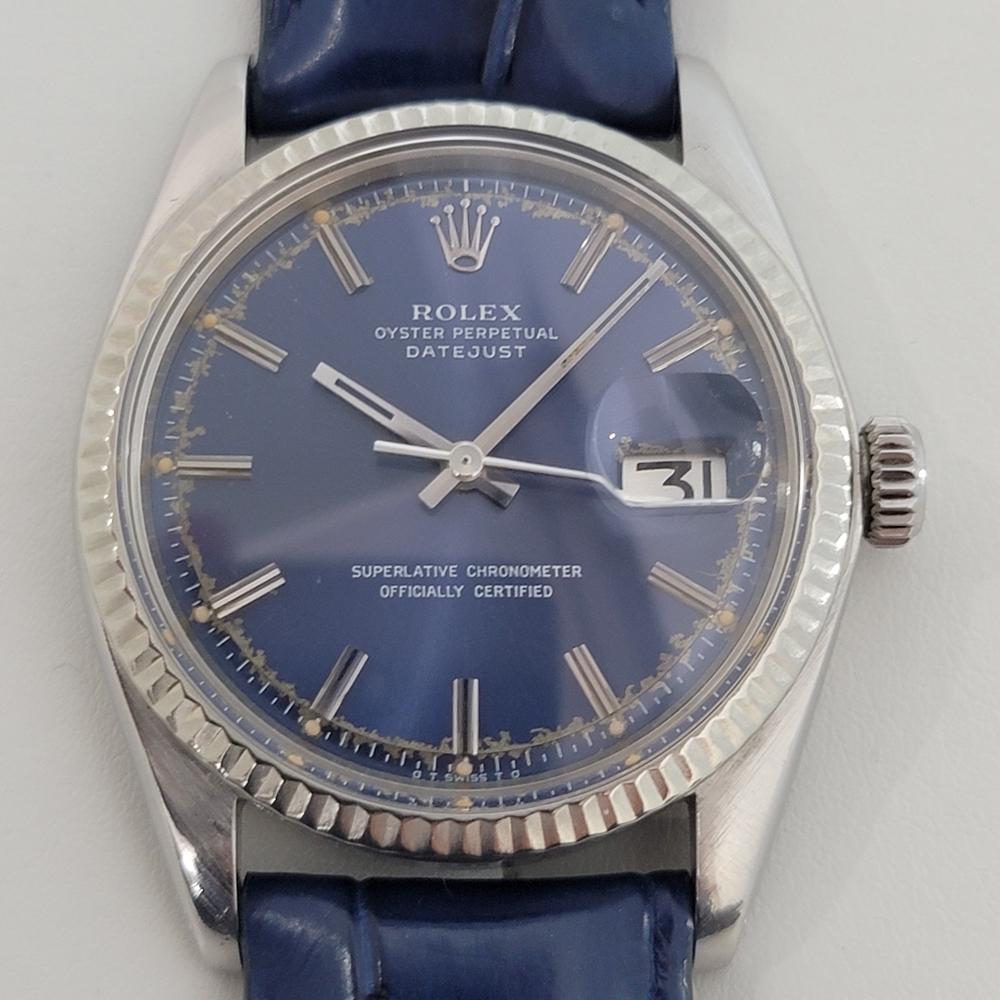 Timeless icon, Men's 18k solid white gold and stainless steel Rolex Oyster Perpetual Datejust Ref.1601 automatic, c.1978. Verified authentic by a master watchmaker. Gorgeous original, unrestored Rolex signed blue dial, applied indice hour markers,