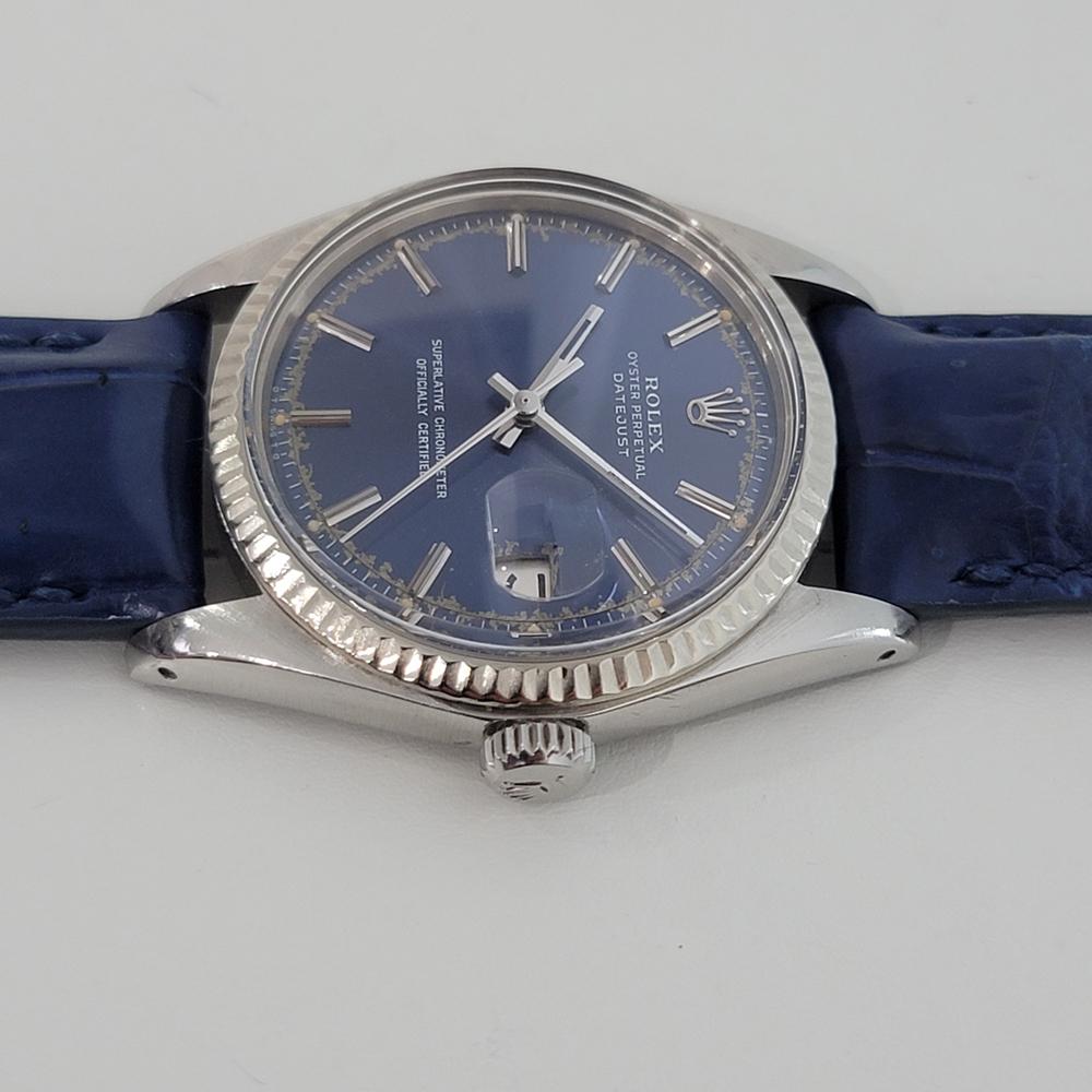 Mens Rolex Oyster Datejust 1601 18k SS Blue Dial Automatic 1970s RJC174 In Excellent Condition In Beverly Hills, CA