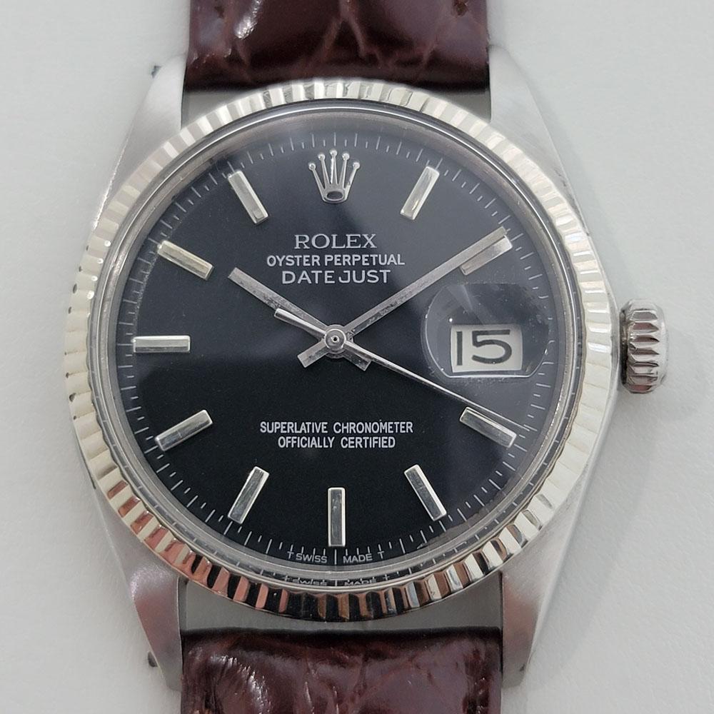 Timeless classic, Men's Rolex Oyster Datejust ref.1601 18k white gold and stainless steel automatic, c.1969. Verified authentic by a master watchmaker. Gorgeous Rolex signed black dial, applied indice hour markers, silver minute and hour hands,