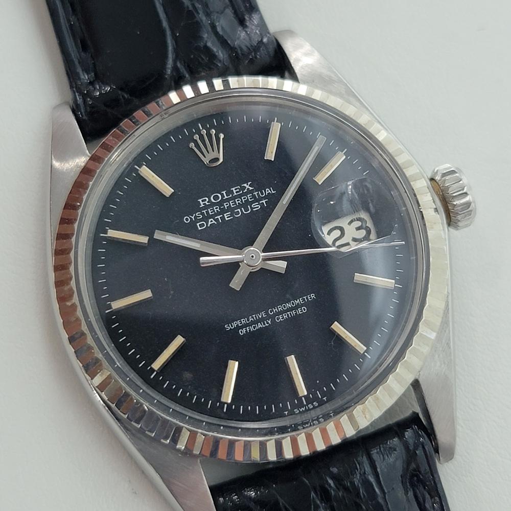 Classic icon, Men's 18k white gold and stainless steel Rolex Oyster Datejust ref.1601 automatic, c.1968. Verified authentic by a master watchmaker. Gorgeous Rolex signed black dial, applied indice hour markers, silver minute and hour hands, sweeping