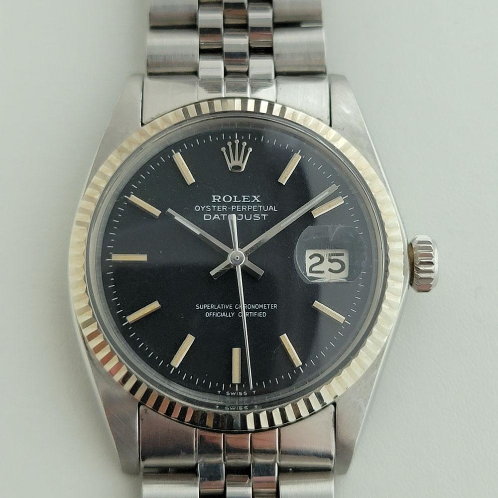 Timeless icon, Men's 18k white gold and stainless steel Rolex Oyster Datejust ref.1601 automatic, c.1968, all original. Verified authentic by a master watchmaker. Gorgeous Rolex signed black dial, applied indice hour markers, silver minute and hour