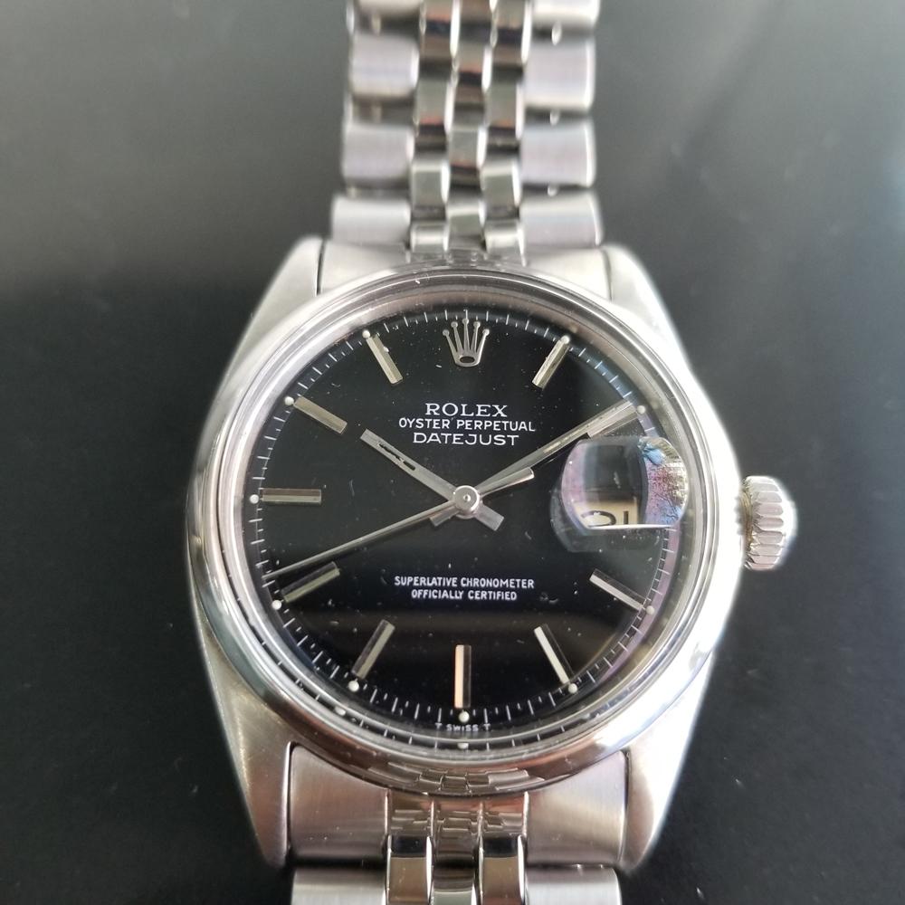 Iconic classic, Men's all-stainless steel Rolex Oyster Datejust ref.1601 automatic, c.1968, all original. Verified authentic by a master watchmaker. Gorgeous Rolex signed black dial, applied indice numeral hour markers, minute and hour hands,