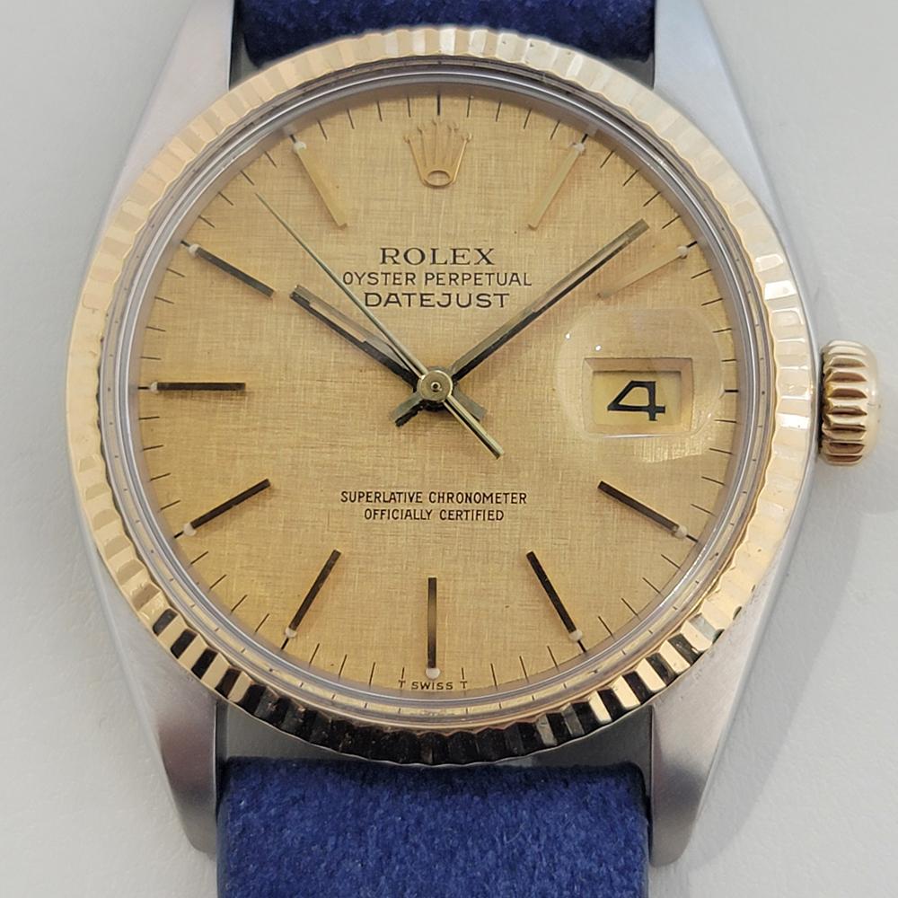 Timeless icon, Men's Rolex Ref 16013 18k gold and stainless steel Rolex Oyster Perpetual Datejust automatic, c.1987, with classic Rolex linen dial, in excellent working condition. Verified authentic by a master watchmaker. Gorgeous Rolex signed gold
