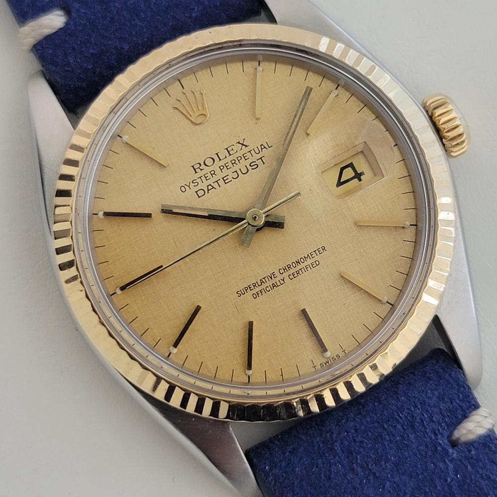 Mens Rolex Oyster Datejust 16013 18k SS 36mm Linen Dial Automatic 1980s NA108B In Excellent Condition For Sale In Beverly Hills, CA