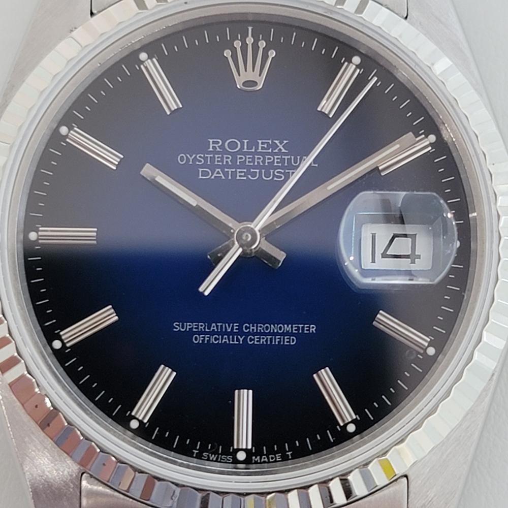 Timeless icon, Men's 18k white gold and stainless steel Rolex Oyster Perpetual Datejust Ref.16014 automatic, c.1984, all original. Verified authentic by a master watchmaker. Gorgeous original Rolex signed two tone blue dial, applied indice hour