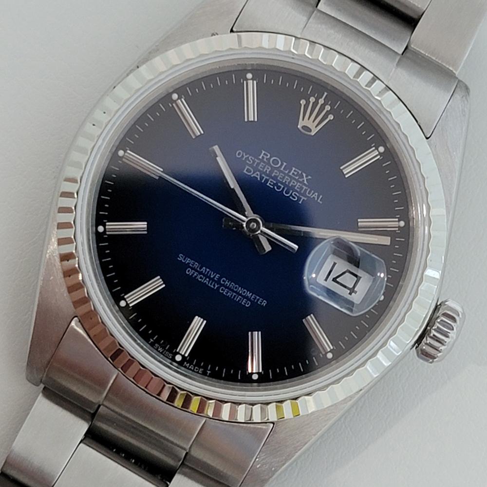 Mens Rolex Oyster Datejust 16014 18k SS Automatic Blue Dial 1980s RJC127 In Excellent Condition In Beverly Hills, CA