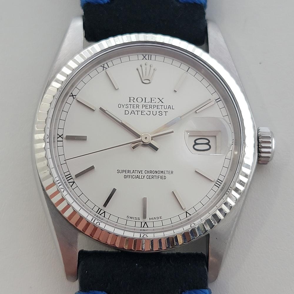 Timeless icon, Men's Rolex 18k white gold and stainless steel Oyster Perpetual Datejust Ref.16014 automatic, c.1978, in excellent working condition. Verified authentic by a master watchmaker. Gorgeous Rolex signed silver dial, applied baton index