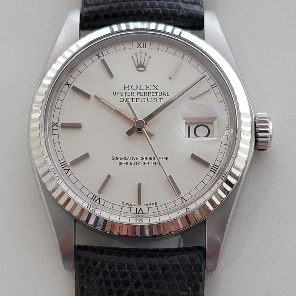 Iconic classic, Men's Rolex 18k white gold and stainless steel Oyster Perpetual 16014 Datejust automatic, c.1978, in excellent working condition. Verified authentic by a master watchmaker. Gorgeous Rolex signed silver dial, applied baton index and