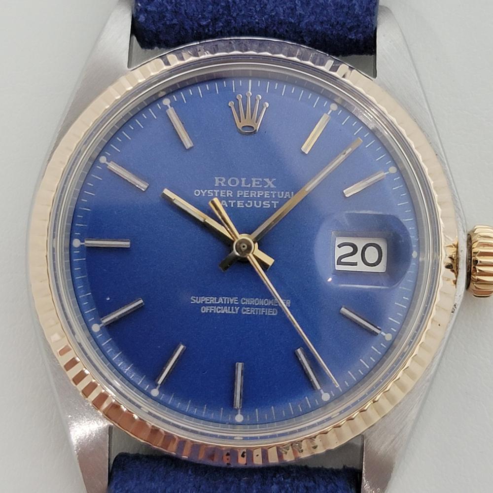 Iconic classic, Men's 18k gold and stainless steel Rolex Oyster Datejust ref.1603 automatic blue dial, c.1976. Verified authentic by a master watchmaker. Gorgeous and rare, unrestored Rolex signed blue dial, applied gold indice hour markers, gilt