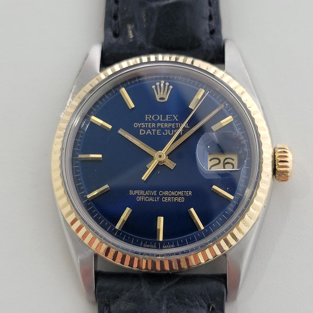 Iconic classic in blue, Men's 18k gold and stainless steel Rolex Oyster Datejust ref.1603 automatic, c.1966. Verified authentic by a master watchmaker. Original Rolex signed dial refreshed in gorgeous royal blue, applied gold indice hour markers,