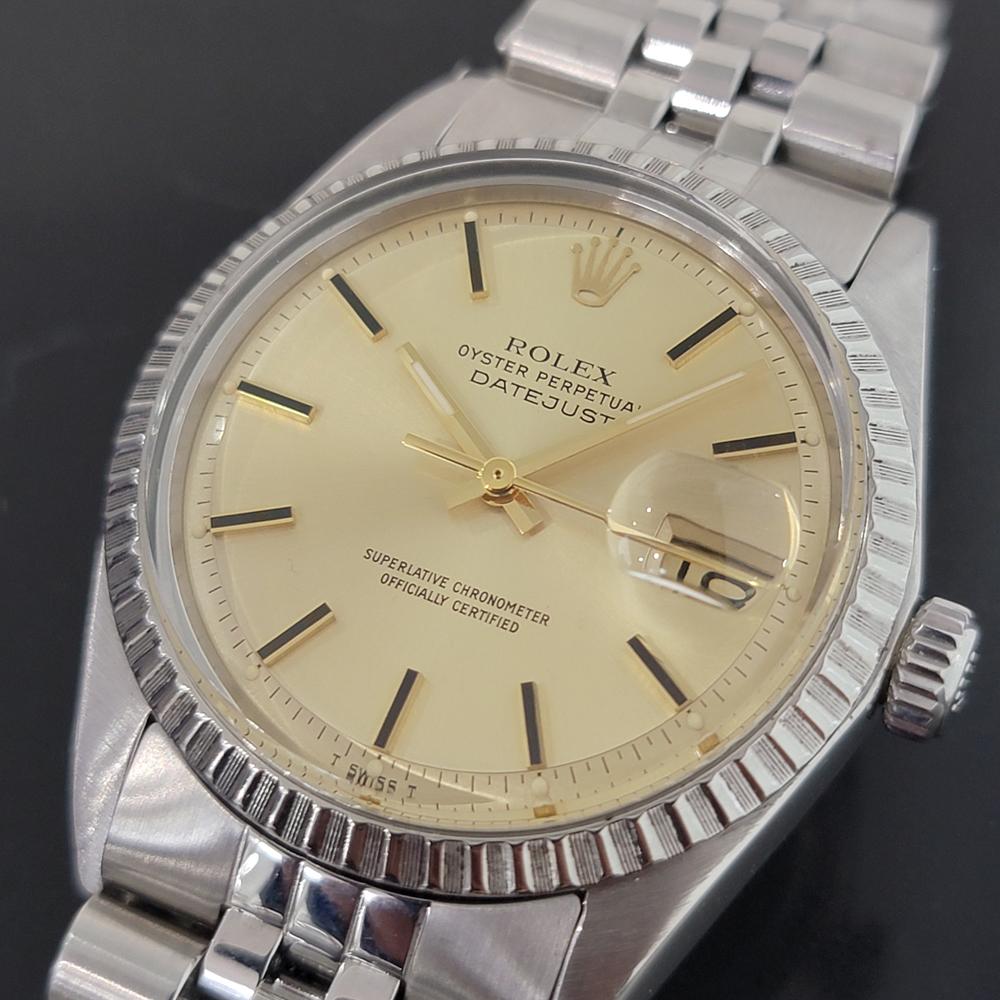 Iconic classic, Men's all-stainless steel Rolex Oyster Datejust ref.1603 automatic, c.1975, all original. Verified authentic by a master watchmaker. Gorgeous Rolex signed gold dial, applied black/gold indice hour markers, gilt minute and hour hands,