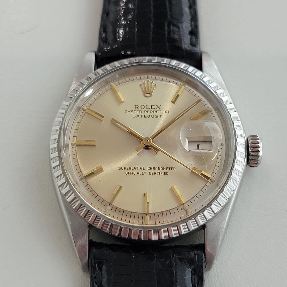 Iconic classic, Men's Rolex Oyster Datejust ref.1603 automatic, c.1970, in superb condition! Verified authentic by a master watchmaker. Gorgeous Rolex signed gold dial, applied gold indice hour markers, gilt minute and hour hands, sweeping central