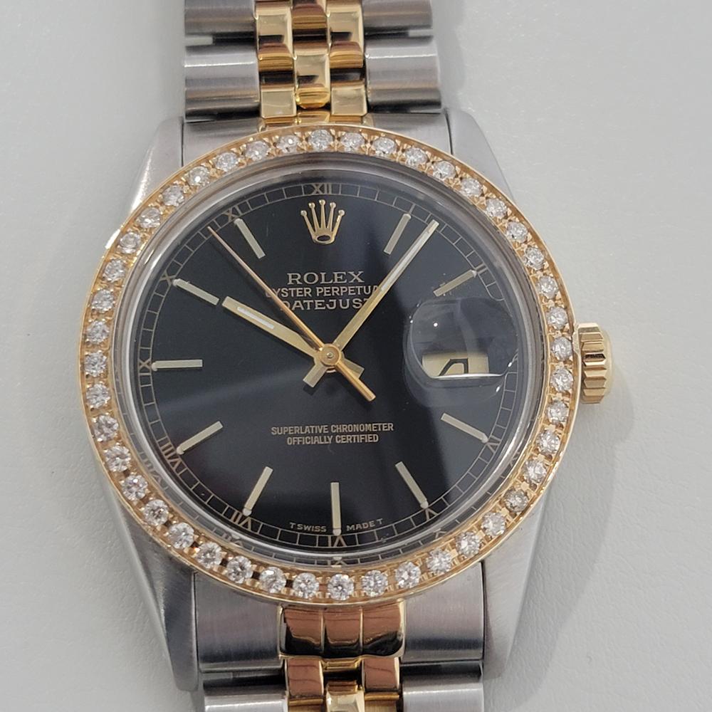 Luxurious classic, Men's rare model Rolex Oyster Perpetual Datejust Ref.16030 automatic with gorgeous aftermarket diamond set bezel, c.1983. Verified authentic by a master watchmaker. Exquisite, Rolex signed, black dial, applied indice hour markers,
