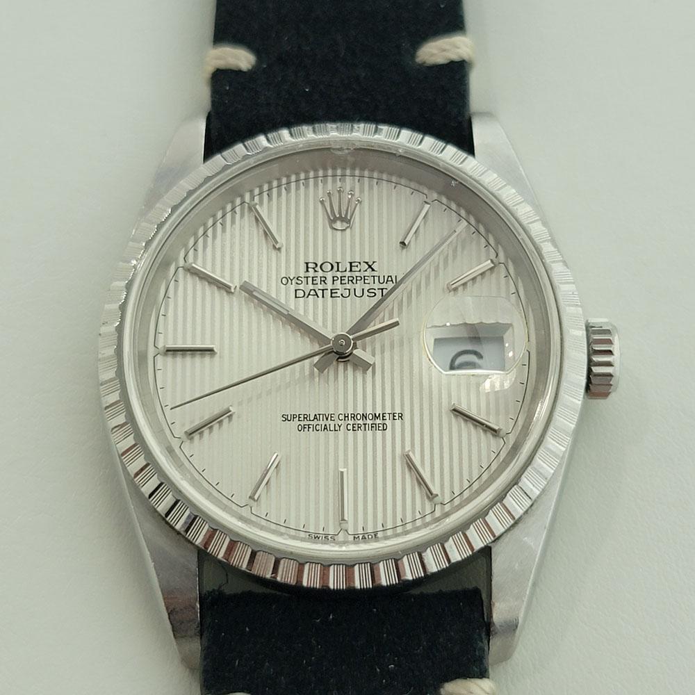 Classic icon, Men's all-stainless steel Rolex Oyster Datejust ref.16220 automatic, c.1991, with rare tapestry dial. Verified authentic by a master watchmaker. Gorgeous, unique Rolex signed tapestry dial, applied silver indice hour markers, silver