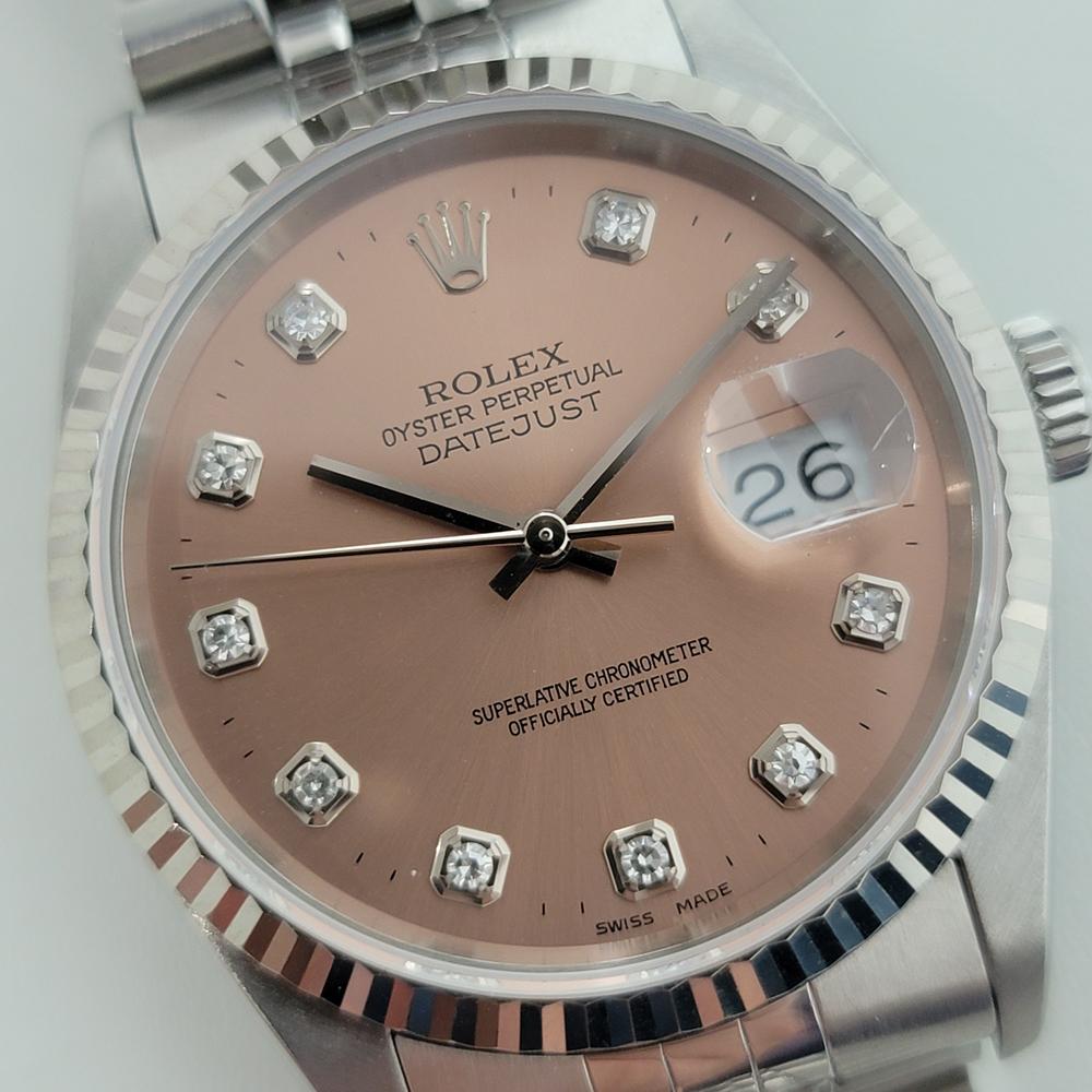 Umwerfende Ikone, Rolex Oyster Perpetual Datejust Ref.16234 Automatik Herrenuhr aus 18k Weißgold und Edelstahl mit seltenem lachsfarbenem Zifferblatt, ca. 1996, alles original, mit Rolex Etui. Von einem Uhrmachermeister für echt befunden.