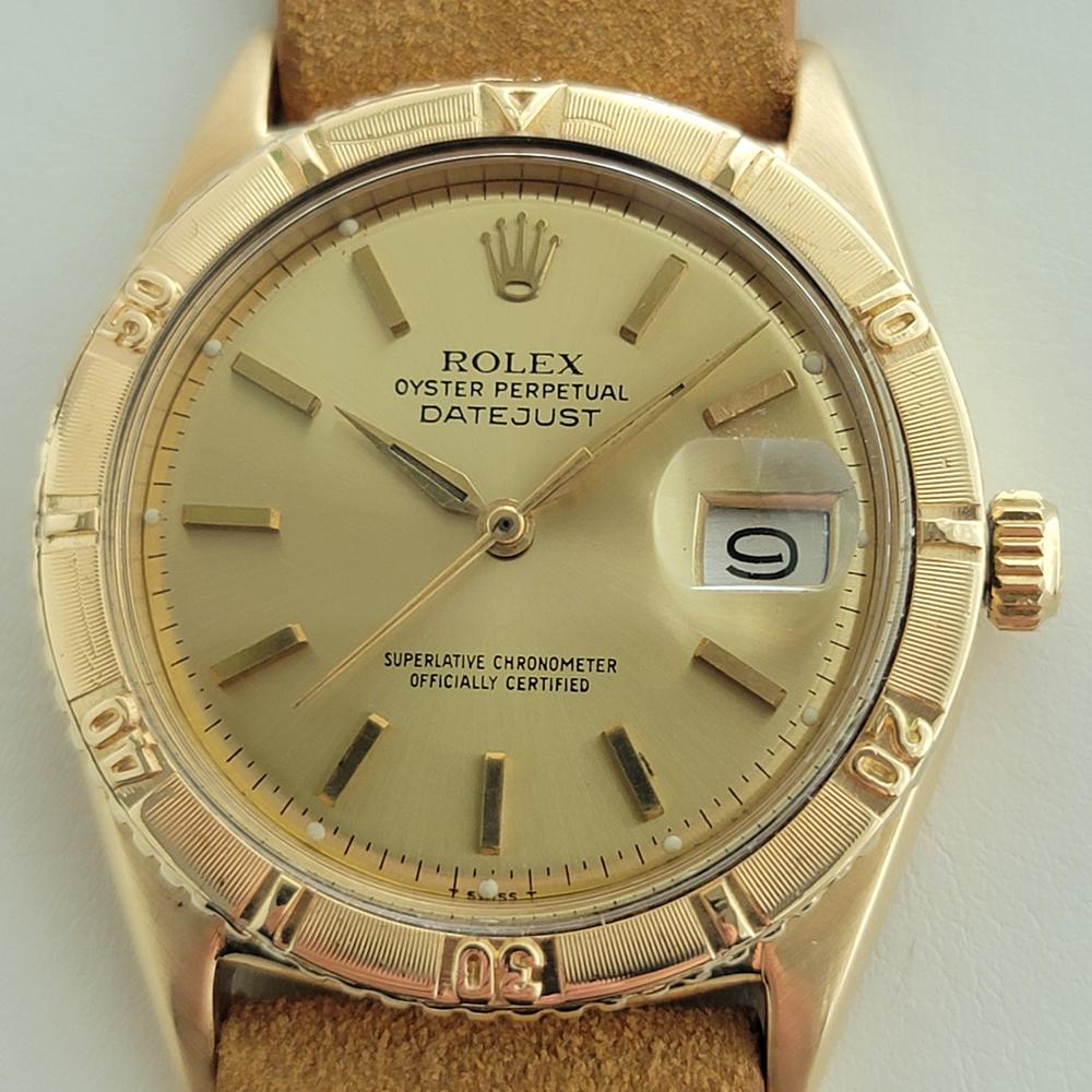 Timeless classic, Men's 18k solid gold Rolex Oyster Perpetual Datejust 1625 automatic, c.1960s, the Thunderbird, in excellent working condition. Verified authentic by a master watchmaker. Gorgeous Rolex signed dial, applied baton index hour markers,